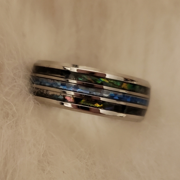 NEW Mens Tungsten Carbide inlaid Shells Blue Opal Statement Ring Gifts Unisex - Picture 6 of 16